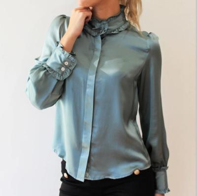 China Satin Anti-pilling Long Sleeve Stand Collar Button 2021 New Fashion100% Silk Down Shirt Women Office Lady Blouse for sale