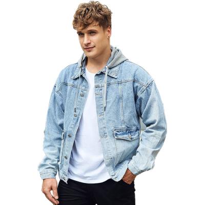 China Breathable Custom Denim Jacket Men Wave Pocket Drawring Hooded Denim Jacket Men for sale