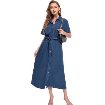 China Women Fashion Breathable Casual Collar Design Denim Shirt Knee-Length Dresses for sale