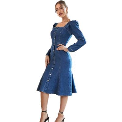 China 2021 Breathable Blue Denim Puff Sleeve Women Full Dress Women Stretch Long Dresses Denim Dress With Button for sale