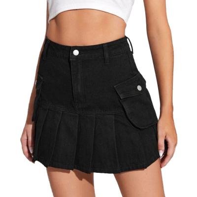 China High Waist Ladies Breathable Denim Casual Skirt Loose Pleated Black Short Mini Dress Lattice Skirt Jeans Skirt for sale