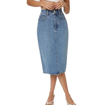 China Casual Washed Blue Women's Midi Wrap Women's Denim Lattice Breathable Pencil Denim Skirt for sale