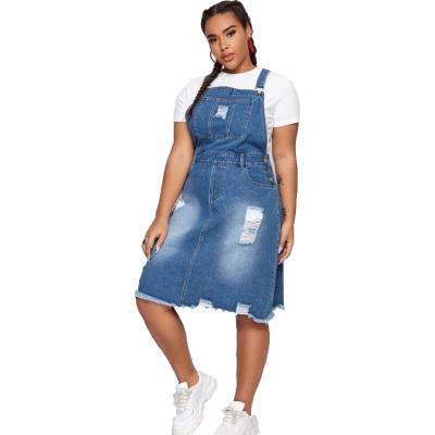 China Breathable Women's Plus Size Dresses Suspender Denim Ripped Detail Raw Edge Ladies Denim Dress for sale