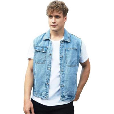 China OEM Design Men's Denim Jacket Men's Breathable Slim Sleeveless Double Pocket Raw Cut Denim Vest Jacket for sale