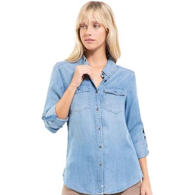 China Breathable Women's Classic Long Sleeves Shirt With Sleeve Rolled Button Front Denim Jacket Women Shirt for sale