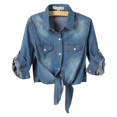 China Breathable Women's Button Front Shirt With Cuff Sleeves Rolled Up Denim Shirt for sale