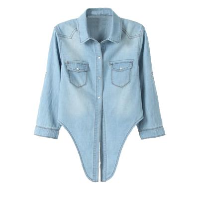 China Women's Breathable Button Front Shirt Solid Denim Shirt Rolled Up Denim Shirt for sale