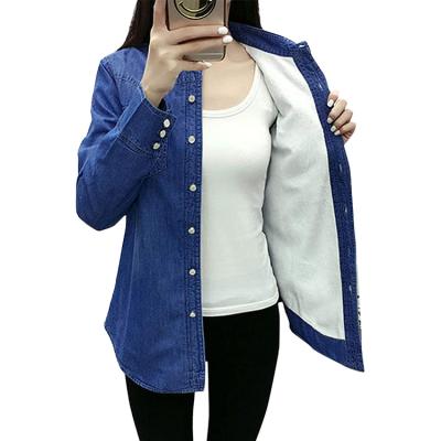 China Breathable Ladies Warm Flannel Sheep Wool Striping Button Shirt Women Denim Shirt Long Sleeve Jacket for sale