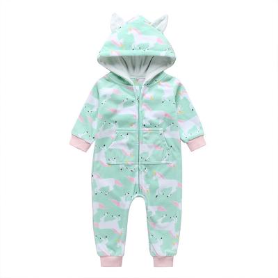 China Wholesale Custom Unisex 100% Cotton Cartoon Print Newborn Rompers Spring And Autumn Boys And Girls Hooded Onesie for sale