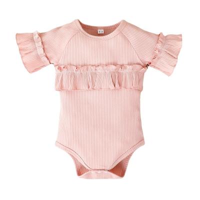 China Spandex/Cotton Summer Ruffle Sleeve Baby Short Bodysuits For Girls Newborn Baby Knitted Plain Romper for sale