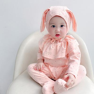 China 2022 Four Seasons Newborn 100% Cotton Baby Clothes 100% Solid Color Bunny Hat + Jumpsuit + Cute Cotton 3pcs Leg Warmers for sale