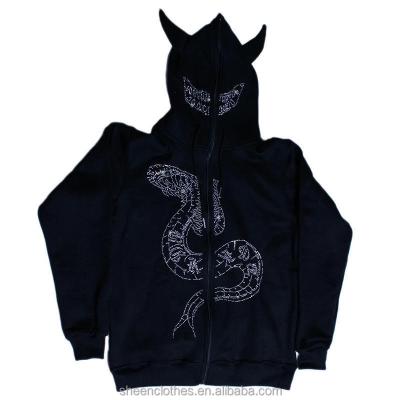 China Anti-Wrinkle Customize 100% Custom Rhinestone Y2K Logo Full Face Zipper Blank Hoodie Cotton Oversized Hoodies With Horns for sale