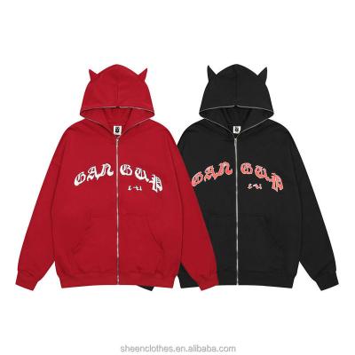 China Streetwear Men's Custom Logo 100 Cotton Y2K White Full Face Screen Printed Zipper Anti-Wrinkle Up Hoodies With Horns for sale
