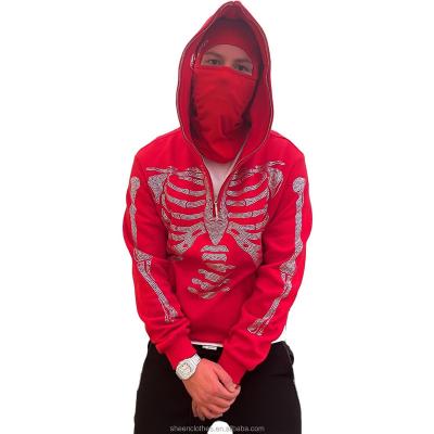 China Custom Fleece Terry Black Men Oversized Blank Logo Hoodie Zip Up Skeleton Rhinestone Anti-Wrinkle Zippered Zipper Full Face Zipper Hoodie For Men for sale