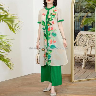 China 2022 Summer Pleated Leaf Printing Female Anti-pilling Coordination Sets For Women Loose Plus Size Comfortable New Chinese Ethnic Style Women's Sets for sale