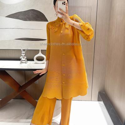 China Classic Miyake Pleat Anti Pilling Sets Spring 2022 Irregular Loose Long Sleeve Tops Casual Harem Pants Women Vintage Designer Two Piece Suit for sale