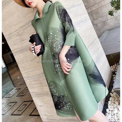 China Miyake summer anti-static women pleated straight loose dress lapel collar dress printing millimeter mother fashion swing large size skirt for sale