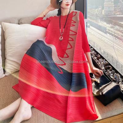 China Sustainable Fashion Pleated Red One Piece Casual Dress Plus Size Long Sleeve Womens Abaya Dresses for sale