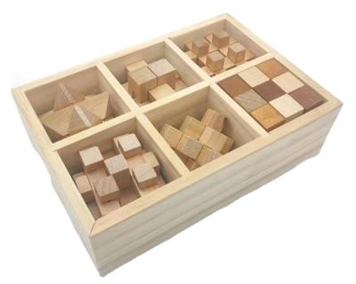 China Education / Game 6 In 1 Wooden Puzzle With Box Wooden Brain Teasers Educational Puzzle for sale