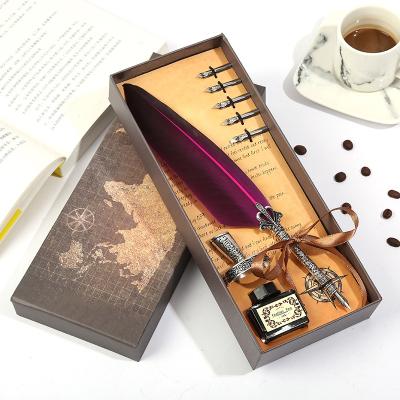 China office & Luxury Calligraphy Feather Dip Pen Writing Ink Set School Stationery Pen Gift Box With 5 Seed Wedding Quill Pen Metal Fountain Pen Set for sale