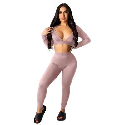 China Washable Long Sleeve V-Neck Crop Top 2 Piece Set Women Sportswear Tracksuit Outfits for sale