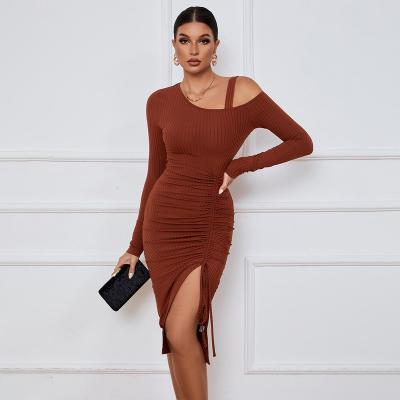 China Breathable Women Long Sleeve Off The Shoulder Ribbed And Knit Drawstring Side Slit Midi Dress for sale