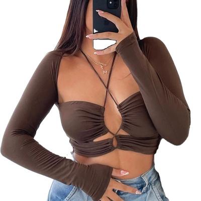 China Breathable Women's Sexy Halter Cross Tie Crop Top Long Sleeve Tee Cut Out Knit T-shirt ODM for sale