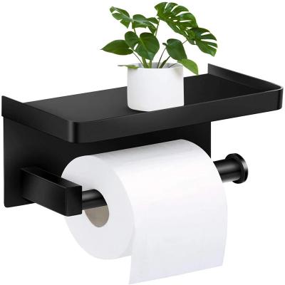 China Modern Self Adhesive Bathroom Black sus304 Toilet Paper Roll Holder, Toilet Roll Paper Holder With Phone Shelf Wall Mounted Paper Towel Holder for sale