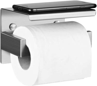 China Bathroom Products Minimalist Hot Selling Toilet Paper Holder With Phone Shelf Black Paper Holder Metal Stainless Steel Toilet Roll Holder for sale