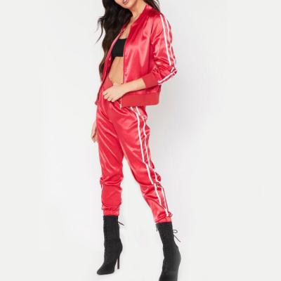 China Custom Made Red Satin Embroidered Stripe Side Women Tracksuit Super September Street Style Antibacterial Antibacterial for sale