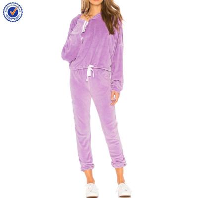 China OEM YL Velvet Hoodie Antibacterial Purple Tracksuit Antibacterial Women Velvet Sweatsuit With Side Contrast Stripe Sportswear Set for sale