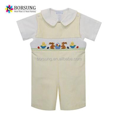 China Breathable Custom Baby Rabbit Smocked Easter Romper Stylish Yellowish 100% Cotton Baby Clothes for sale