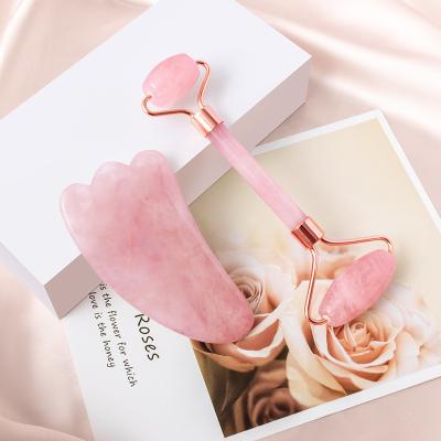 China Rose quartz handle+rose quartz heads bulk wholesale jade rose quartz roller gua sha set for facial massage for sale