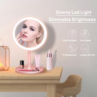 China Lighted 2021 New 3 Color Led Light Touch Touch Screen Led Round Makeup Mirror Vanity Round Desk Lighted Mirror for sale