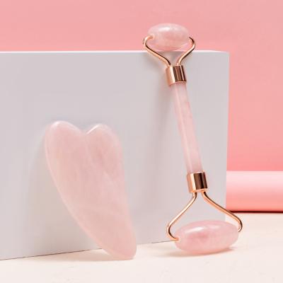 China Rose quartz handle+rose quartz heads 100% facial massage roller double heads jade roller gua sha set for sale