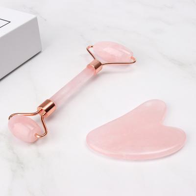 China Rose quartz handle+rose quartz heads double heads rose natural quartz jade roller jade roller and gua sha stone set for sale