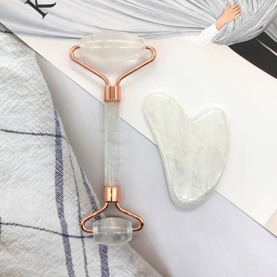 China Clear quartz handle+clear quartz heads crystal therapy luxury stone quartz massage jade roller gua sha set for face for sale