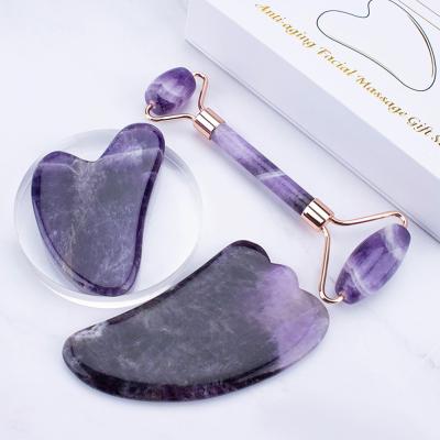 China Amethyst handle+amethyst heads private label amethyst jade massage face stone roller with box for sale