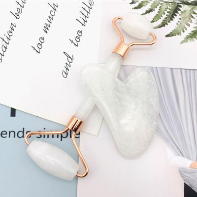 China Jade handle+white jade heads 2021 amazon trend anti-wrinkle jade white stone massage roller set and facial gua sha for sale