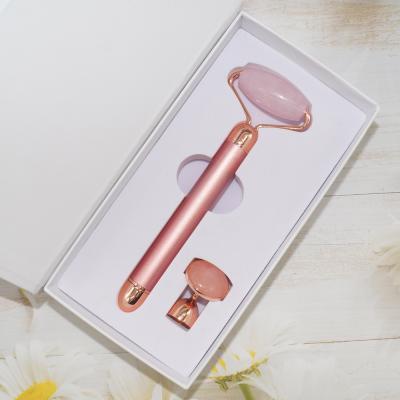 China Face Lift 2 in 1 Electric Vibrating Massager Mounted Natural Quartz Jade Facial Roller Facial Massager for sale