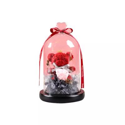 China Designs Hot Sale Cheap Promotion Rose Bear In Glass Dome Preserved Red Cover Preserved Flower Gift For Valentine's Day Gift for sale