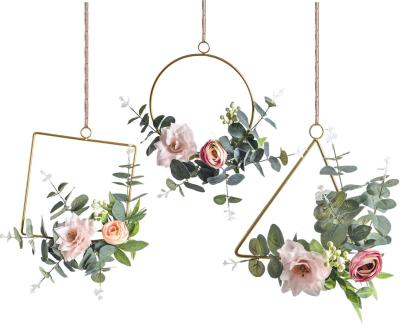 China Beautiful Colorful Circle Floral Garland Set Of 3 Artificial Clematis With Tea Rose Flower Hanging Wall Hoop Garland For Wedding Front Door Decor for sale