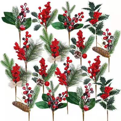 China Plastic Artificial Pine Branches For Christmas Pine Picks Assorted Berry Picks Stems Red Faux Pine Picks Spray With Pinecones Cones for sale