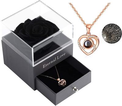 China Designs L-Preserved Artificial Roses With Love You Necklace In 100 Languages ​​Gift Set In Box Enchanted Flower For Valentine's Day Black for sale