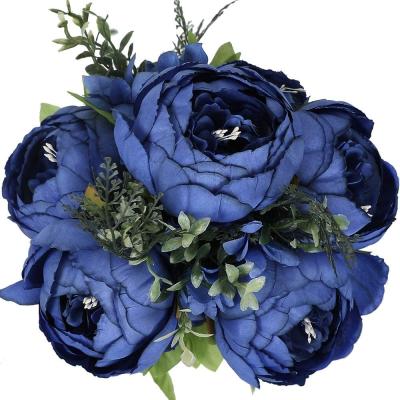 China Plastic+Silk Vintage Flower Artificial Flowers Peony Floral Bouquet For Wedding Home Party Decor Navy Blue for sale