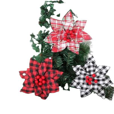 China Plastic Glitter Powder Artificial L-Artificial Christmas Grid Poinsettia Red Black Flowers For Christmas Tree Decorative Ornaments for sale