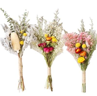 China Beautiful colorful L-bouquet of dry flowers mixed with fresh baby rose bouquet, can be used as wedding decoration home decor for sale