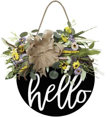 China Plastic Christmas Welcome Wreath Natural Wood Hanging Signs with Daisy Lavender Spring and Summer Wreath for Front Porch Home Outdoor for sale