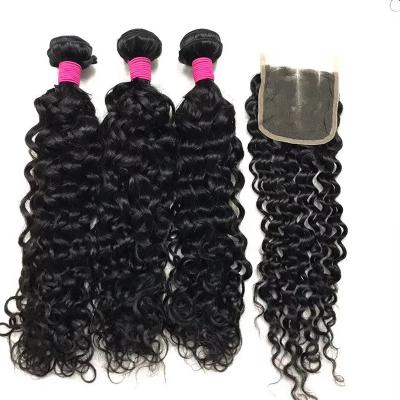 China Top Virgin Brazilian Water Wave Hair Bundles With Closure Peruvian Hair Weaving 3 Bundles Hair Machine Double Weft for sale