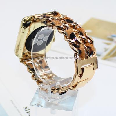 China New Beautiful Classic Leather Smart Watch Band, Metal Leopard Chain Leather Strap For Apple Watch Series 6 for sale